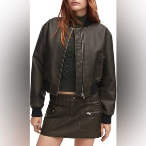 Worn out effect distressed leather bomber jacket